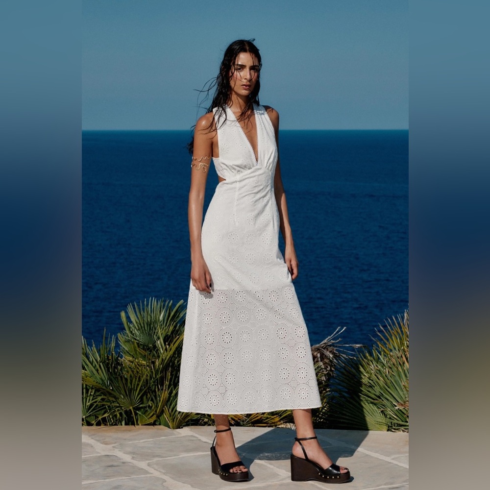 ZARA Cotton Eyelet Embroidered Halter Midi dress. L NWT - Picture 6 of 16